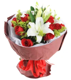 Red Roses with white lilies