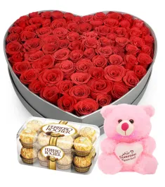 50 Red Heart Shape Roses,Ferrero Chocolate with Pink Bear to Philippines