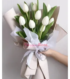 9 Pcs White Color Tulips in a Bouquet