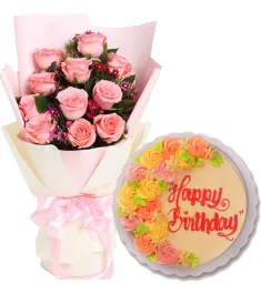 12 Pink Roses with Vanilla Message Cake By Max's