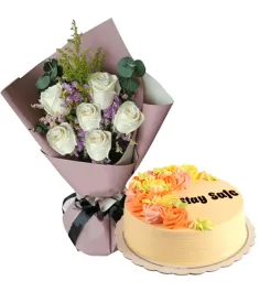 6 White Roses with Vanilla Message Cake By Max's