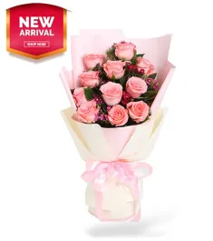 12 Pink Color Roses in Bouquet