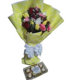 12 Mixed Roses Bouquet with Ferrero Heart Box