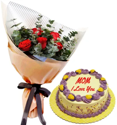 red roses bouquet with ube cake