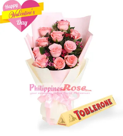 12 Pink  Roses Bouquet with Toblerone Chocolate