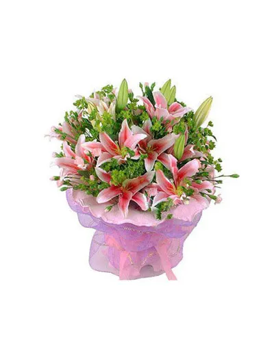 9 pink lilies, with green leaves, pink circular packaging to philippines