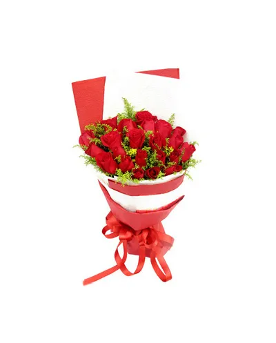 24 Red Roses Bouquet with Solidago