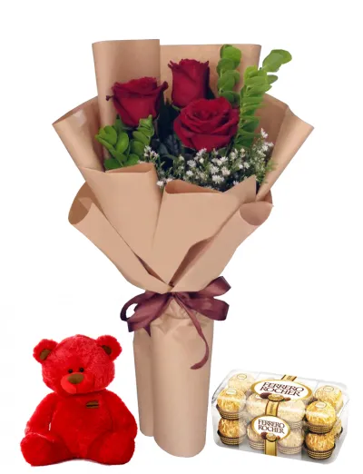 3 pcs Red Roses in Bouquet,Ferrero Box with Bear to philippines