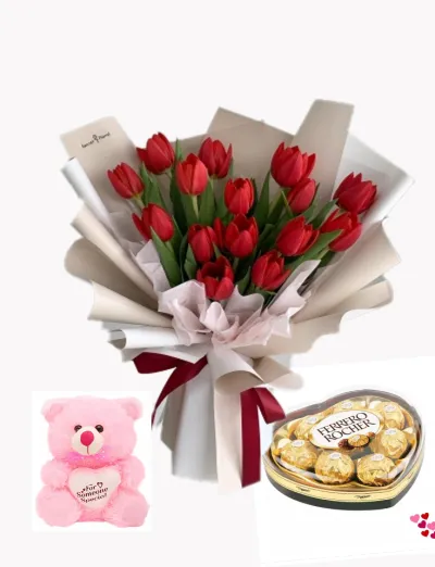 12 Red Roses Bouquet,Ferrero Chocolate with Bear Send to Philippines