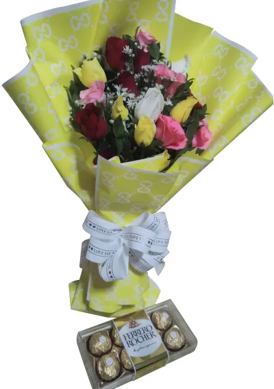 12 Mixed Roses Bouquet with Ferrero Heart Box